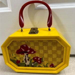 Vintage wooden purse embroidered crewel mushrooms retro mod funky